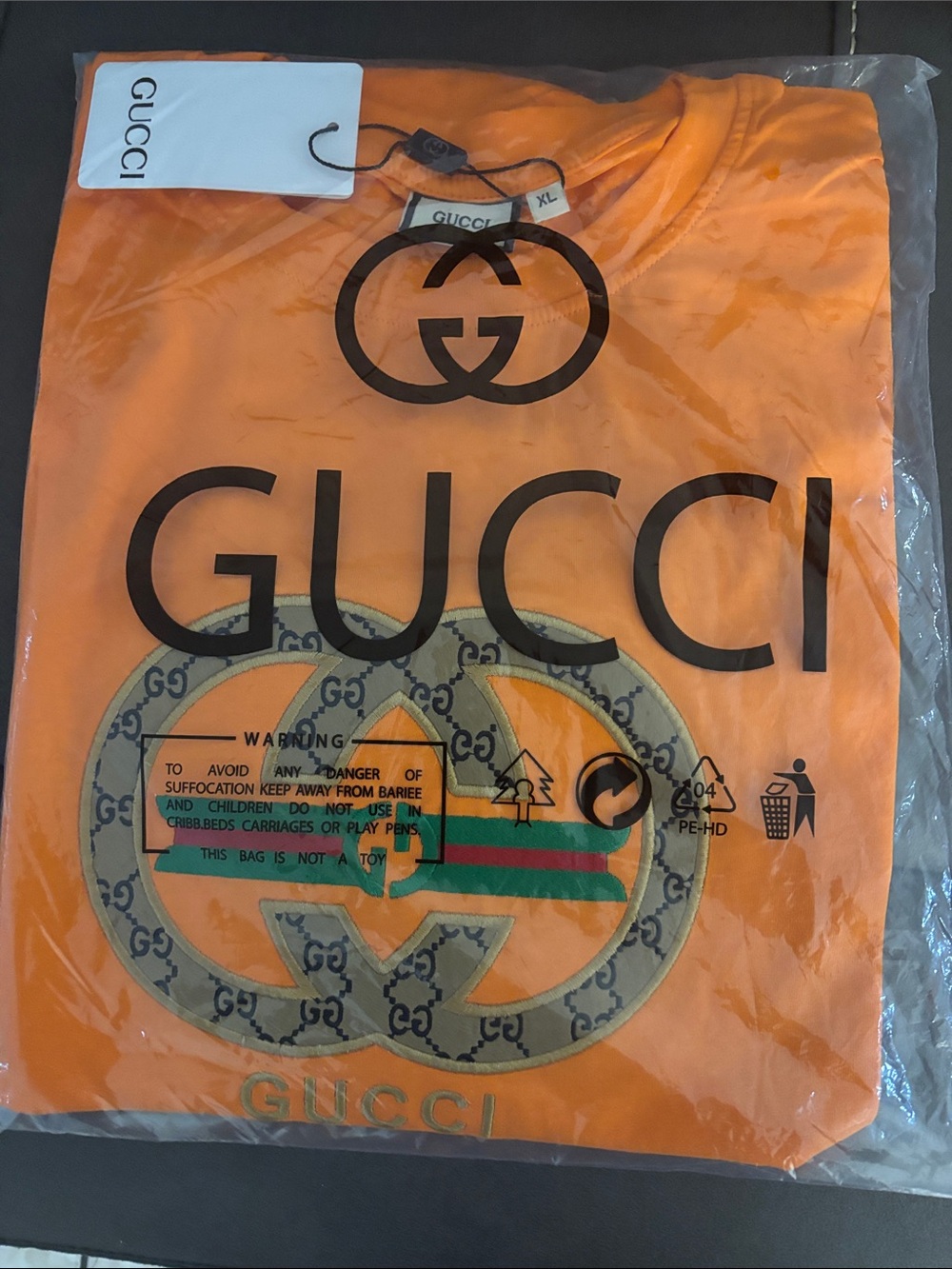 Gucci Orange Short Sleeve Tee with Black Logo and Green-Red Stripe